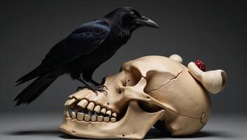 Still Life Raven atop Skull with Bone Decoration photo