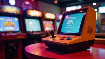 Cartoony depiction of a vibrant retro gaming console with exaggerated elements amidst arcade machines and neon lighting photo