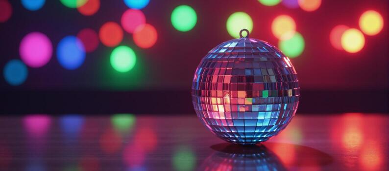 Photorealistic image featuring a disco ball with blinking lights against a blurred background photo