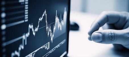 Financial chartsprofit graphs showing business stock market trends analyzed using candlestick graphs against a dark blue backdrop photo