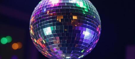 Vibrant mirrorball spins casting a kaleidoscopic glow at a lively party scene photo