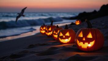 Glowing jackolanterns illuminate eerie beach at twilight Halloween photo