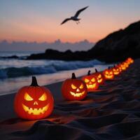 Glowing jackolanterns illuminate eerie beach at twilight Halloween photo