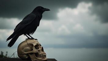 Black raven perched atop grimy skull amidst foreboding clouds photo