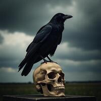 Black raven perched atop grimy skull amidst foreboding clouds photo