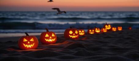 Glowing jackolanterns illuminate eerie beach at twilight Halloween photo