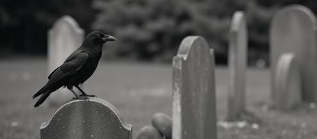 Black raven atop tombstone in a haunting graveyard setting photo