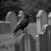 Black raven atop tombstone in a haunting graveyard setting photo