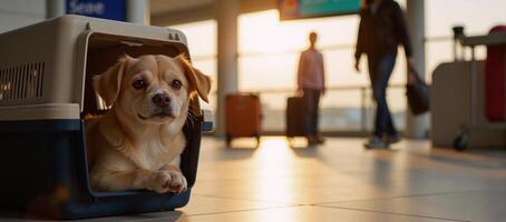 Cute dog traveling at golden hour with airport background pet carrier photo