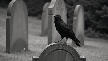 Black raven atop tombstone in a haunting graveyard setting photo