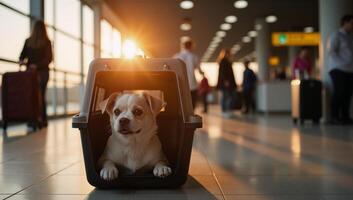 Cute dog traveling at golden hour with airport background pet carrier photo