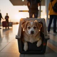 Cute dog traveling at golden hour with airport background pet carrier photo