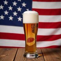 A frothy cold beer on wood framed by an Old Glory backdrop celebration photo