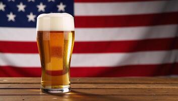 A frothy cold beer on wood framed by an Old Glory backdrop celebration photo
