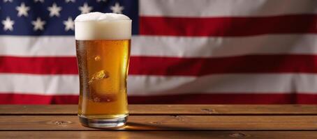 A frothy cold beer on wood framed by an Old Glory backdrop celebration photo