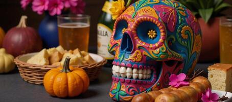 Vibrant Skull Offering Festive Food Flowers photo