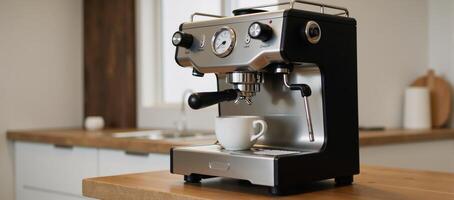 Closeup image of modern espresso machine inside a kitchen photo