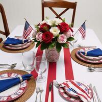 Patriotic table setting showcasing American flags and a redwhiteblue theme photo