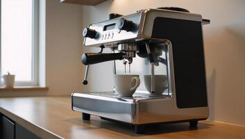 Closeup image of modern espresso machine inside a kitchen photo