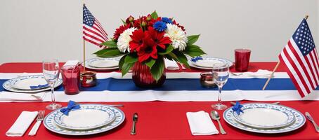Patriotic table setting showcasing American flags and a redwhiteblue theme photo