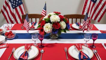 Patriotic table setting showcasing American flags and a redwhiteblue theme photo