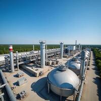 A panoramic view of an industrial landscape with chemical plants and spherical reservoirs showcasing the surrounding chemical waste storage areas and advanced industrial technology in a detailed 3D photo