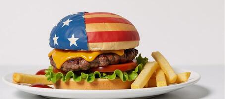 A patriotic scene showcasing an American flag alongside a large beefburger celebrating Independence Day USA photo