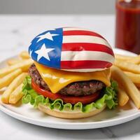 A patriotic scene showcasing an American flag alongside a large beefburger celebrating Independence Day USA photo