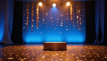 Empty bluelit stage adorned with luxe golden confetti and glittering sequins creates a captivating dance floor atmosphere photo