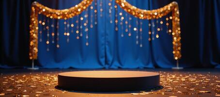 Empty bluelit stage adorned with luxe golden confetti and glittering sequins creates a captivating dance floor atmosphere photo