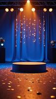 Empty bluelit stage adorned with luxe golden confetti and glittering sequins creates a captivating dance floor atmosphere photo