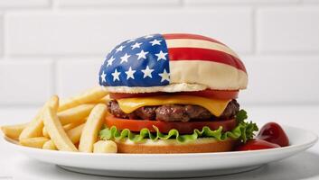 A patriotic scene showcasing an American flag alongside a large beefburger celebrating Independence Day USA photo