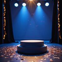 Empty bluelit stage adorned with luxe golden confetti and glittering sequins creates a captivating dance floor atmosphere photo