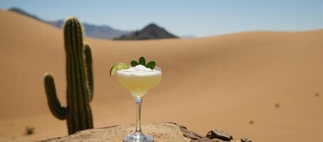 Cactusinfused Margarita served amidst a desert backdrop featuring cactus fruit lime garnish photo