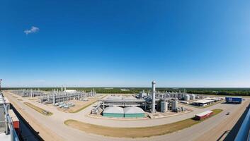 A panoramic view of an industrial landscape with chemical plants and spherical reservoirs showcasing the surrounding chemical waste storage areas and advanced industrial technology in a detailed 3D photo