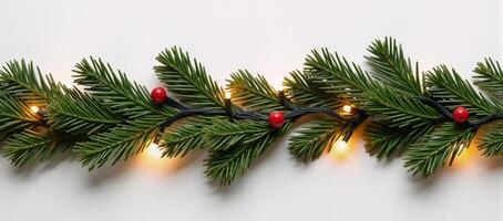 Christmasthemed border featuring lights garlands and coniferous branches photo