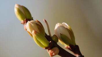 Closeup shot captures early blooms unfurling on a spring tree branch photo