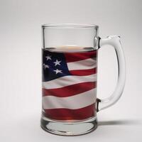Closeup minimalist drawing highlighting the symbolic contrast between an American flag reflection and a frosty beer mug photo