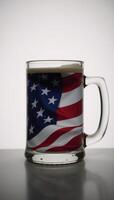 Closeup minimalist drawing highlighting the symbolic contrast between an American flag reflection and a frosty beer mug photo
