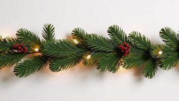 Christmasthemed border featuring lights garlands and coniferous branches photo