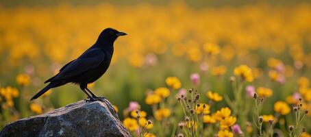A black bird perched on a rock amidst a vibrant wildflower field bathed in sunlight photo