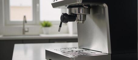 Modern stainlesssteel coffee maker with sleek design sits on clean counter against blurred kitchen backdrop photo
