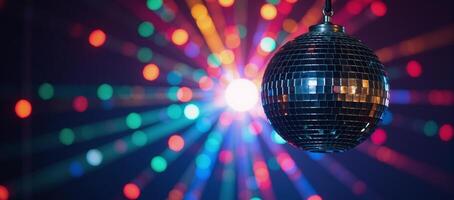 Disco ball glowing against backdrop of colorful reflected light rays photo