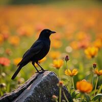 A black bird perched on a rock amidst a vibrant wildflower field bathed in sunlight photo