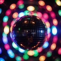 Disco ball glowing against backdrop of colorful reflected light rays photo
