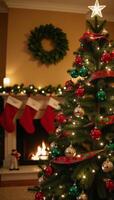Richly adorned Christmas Tree with Colorful Ornaments and Glowing Star in Warm Holiday Background photo