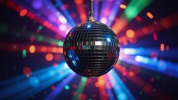 Disco ball glowing against backdrop of colorful reflected light rays photo