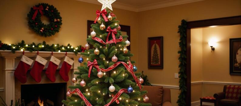 Richly adorned Christmas Tree with Colorful Ornaments and Glowing Star in Warm Holiday Background photo