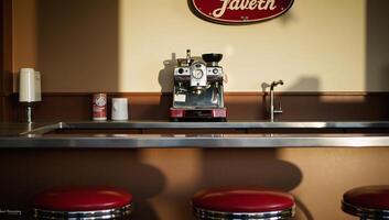 A retro diner counter featuring coffee maker and stools photo