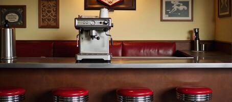 A retro diner counter featuring coffee maker and stools photo